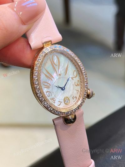 High Quality Replica BREGUET Reine De Naples Pink Leather Strap White Face Dial White Diamond Inlaid Case Watch